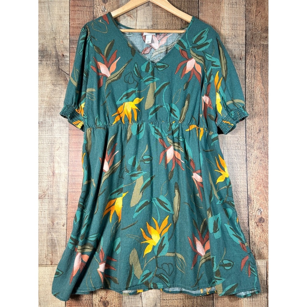 Ava & Viv Green Linen Blend Tropical Bird of Paradise Empire Waist Dress 2X